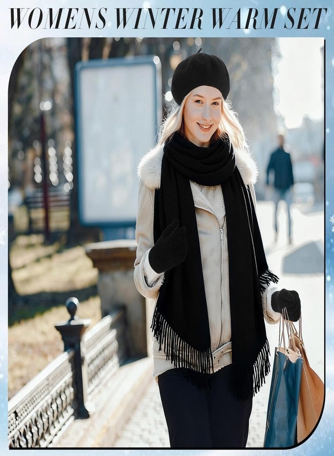 Floraltop 3 Pack Beret Hat Scarf Glove Set French Hat Pashmina Shawl Scarf Winter Gloves Set Women Christmas Clod Weather(Black) - Image 5